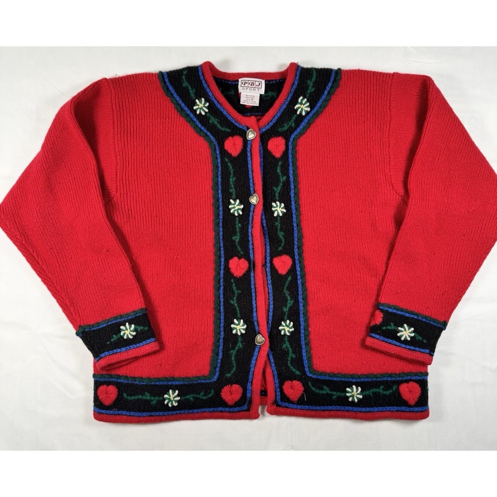 Vintage PBJ Sport Cardigan Sweater XL Red 100% Wool Chunky Knit Hearts Flowers‎